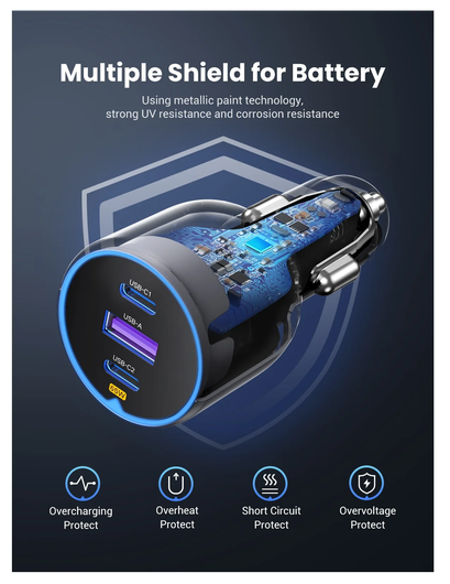 UGREEN USB/USB-C Auto Snellader 75W met PD en QC 3.0 Zwart afbeelding 5