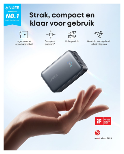 Anker Nano (45W) Powerbank Vaste USB-C Kabel 10.000 mAh Zwart afbeelding 3