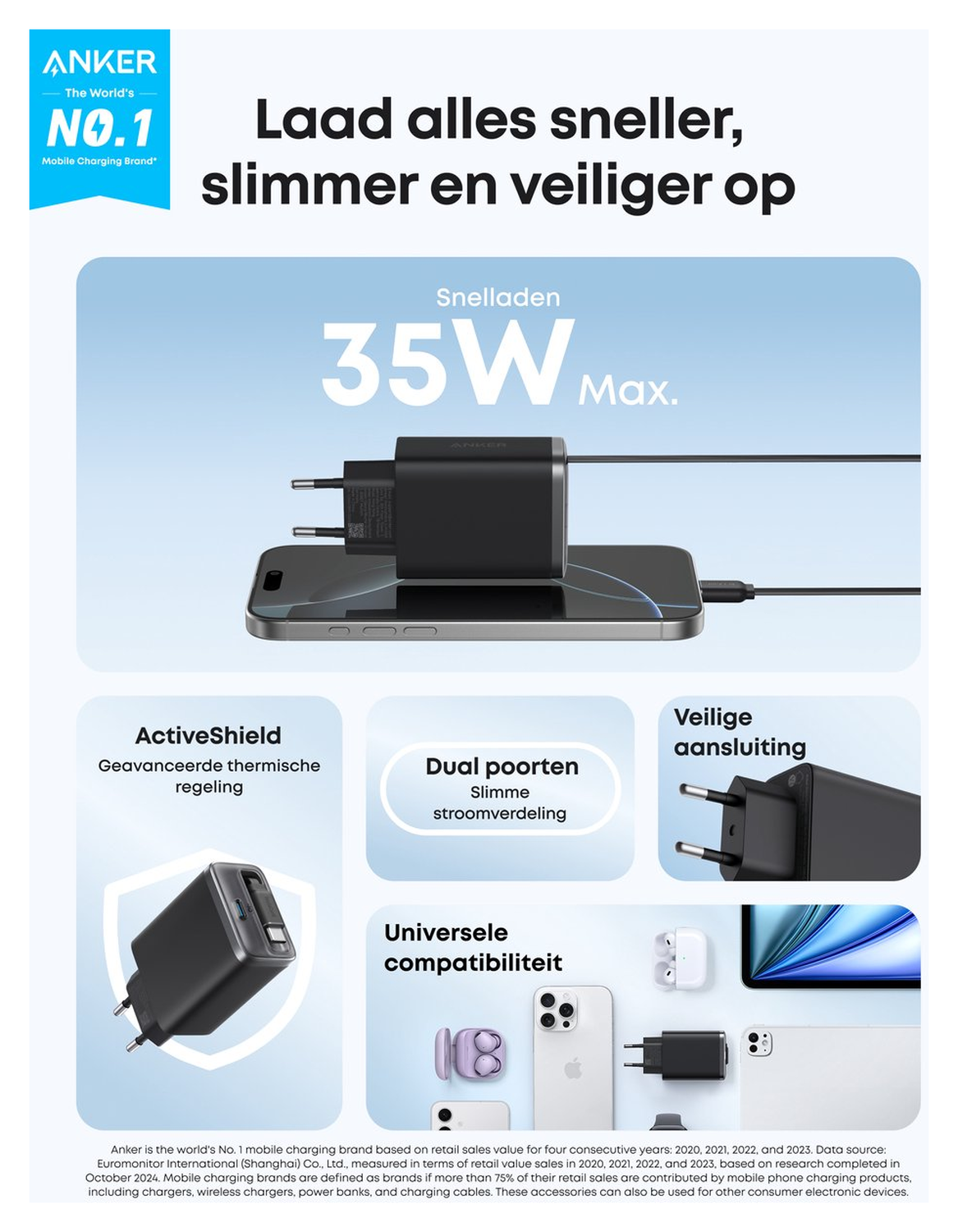 Anker (35W) Nano Oplader met USB-C Poort en Ingebouwde Kabel Zwart afbeelding 2