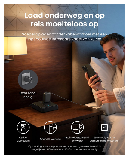 Anker (35W) Nano Oplader met USB-C Poort en Ingebouwde Kabel Zwart afbeelding 3