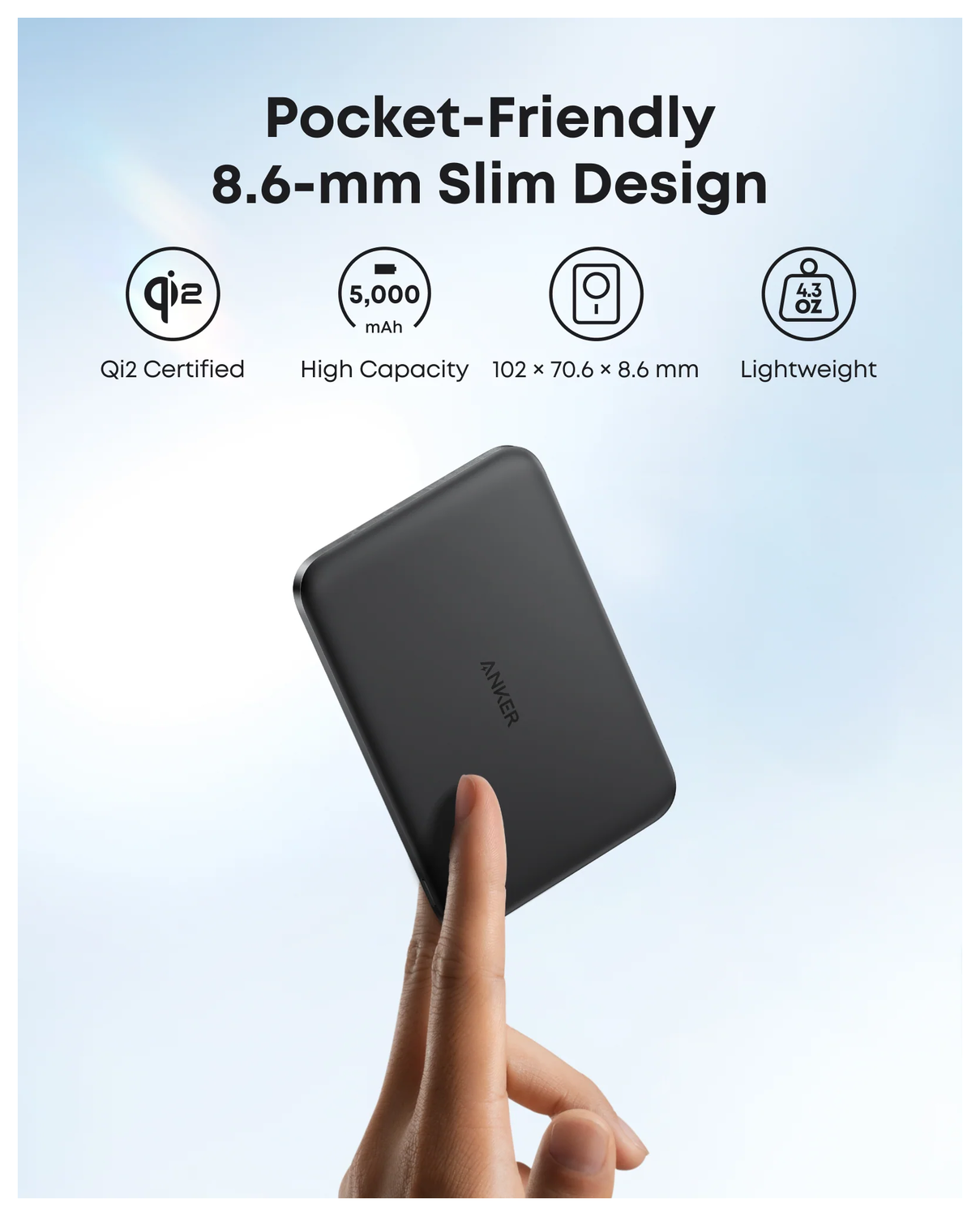 Anker MagGo Slim 15W Qi2 / MagSafe 5.000 mAh Powerbank met USB-C Poort Zwart afbeelding 4