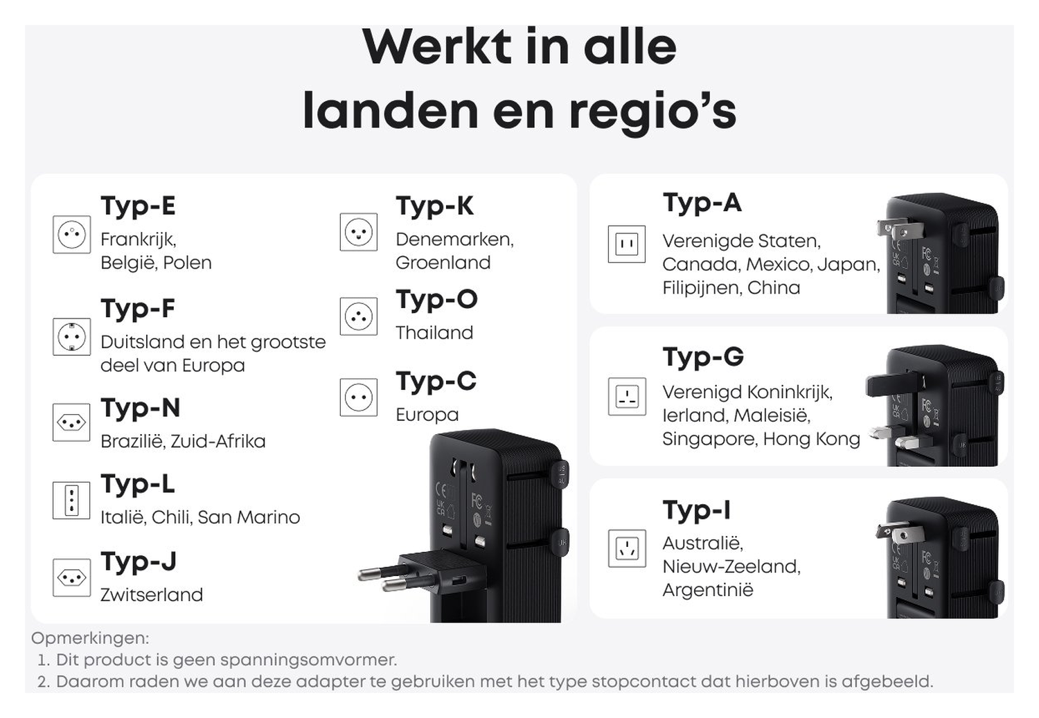 Anker Nano Travel Adapter (20W) Reislader Wereldstekker EU/US/UK/AU Zwart afbeelding 4
