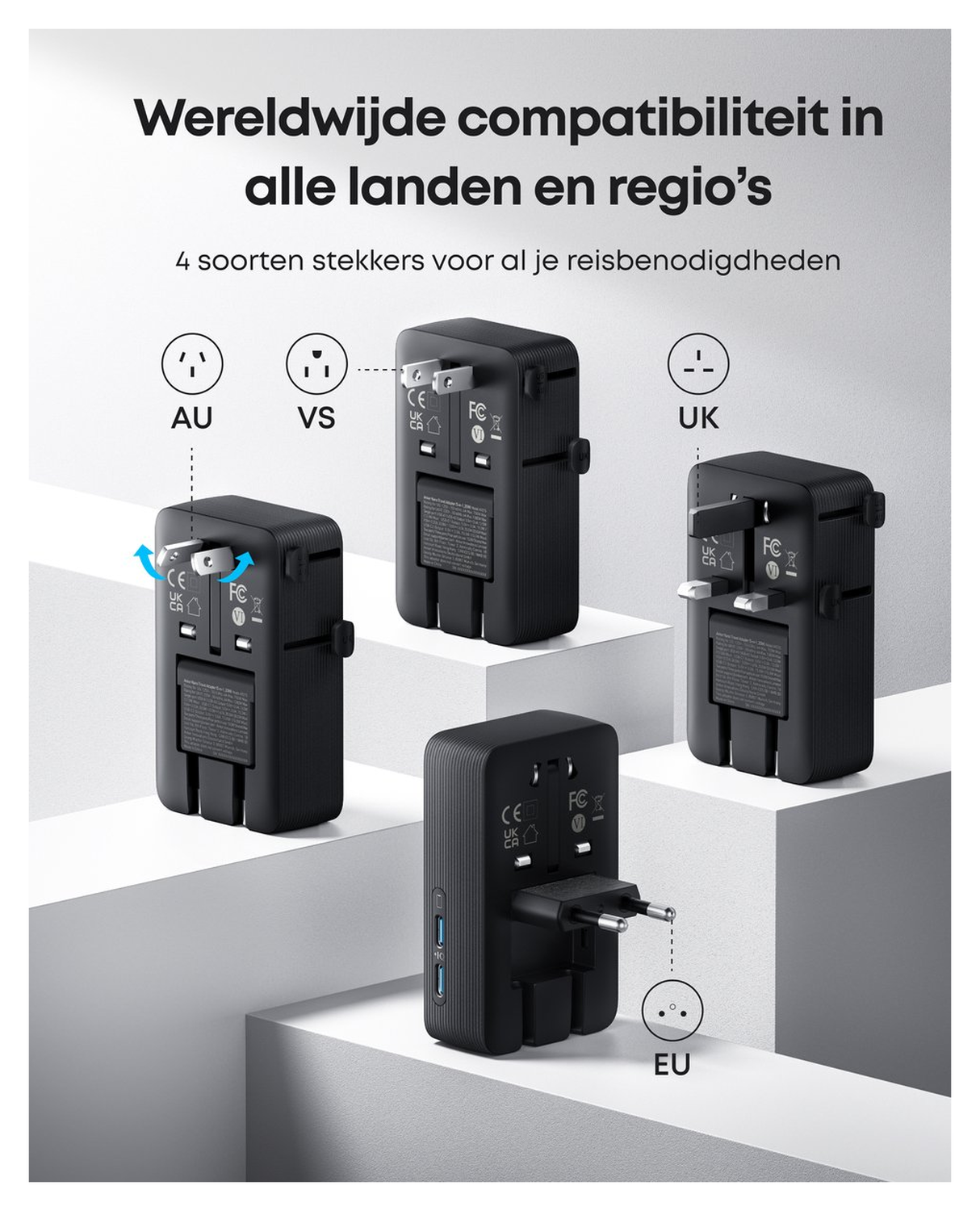 Anker Nano Travel Adapter (20W) Reislader Wereldstekker EU/US/UK/AU Zwart afbeelding 2