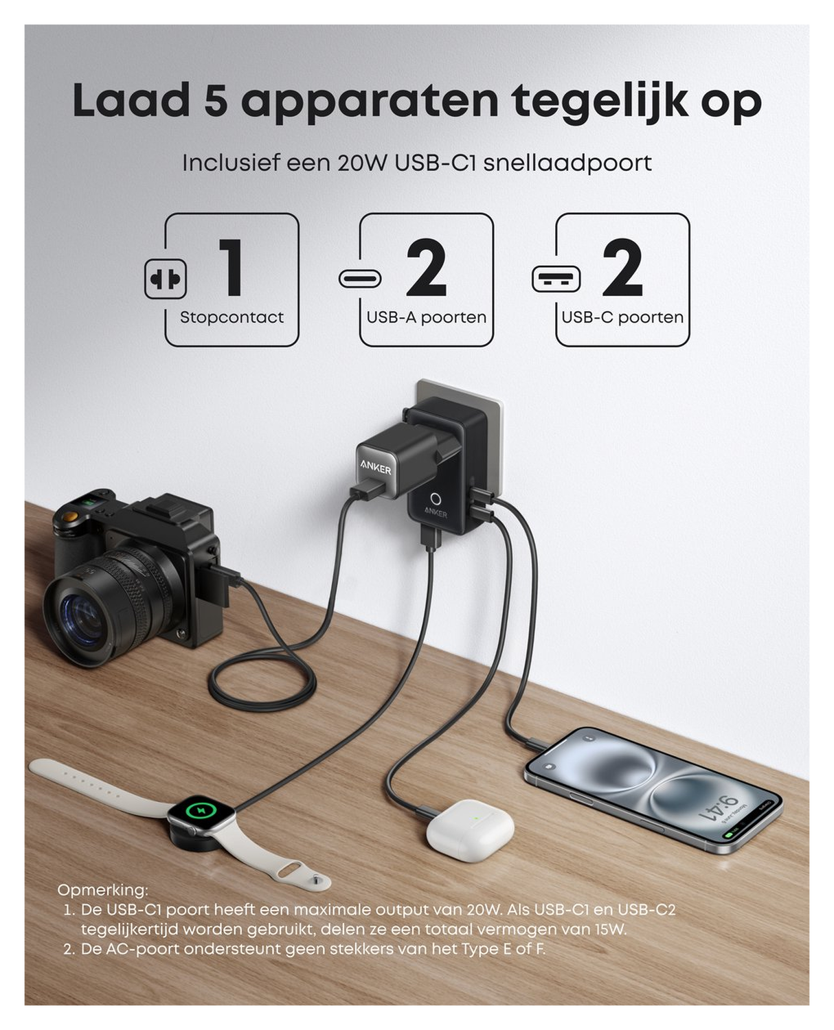 Anker Nano Travel Adapter (20W) Reislader Wereldstekker EU/US/UK/AU Zwart afbeelding 3
