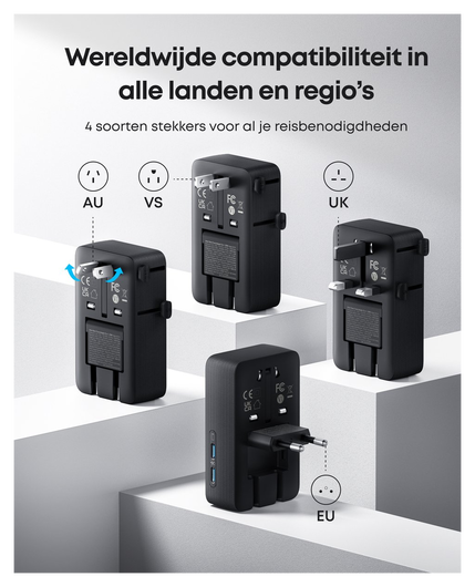 Anker Nano Travel Adapter (20W) Reislader Wereldstekker EU/US/UK/AU Zwart afbeelding 2