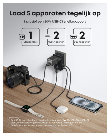 Anker Nano Travel Adapter (20W) Reislader Wereldstekker EU/US/UK/AU Zwart afbeelding 3