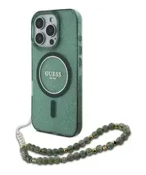 Guess Apple iPhone 16 Pro Max Hoesje MagSafe met Kralen Koord Glitter Groen afbeelding
