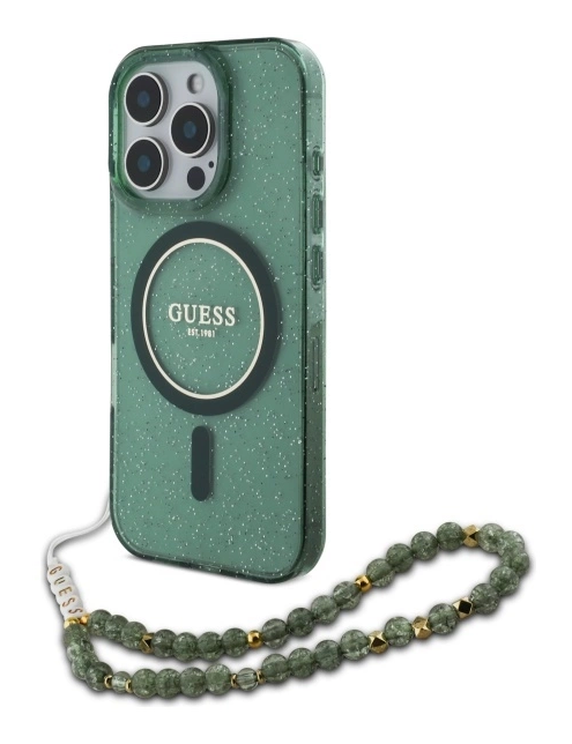 Guess Apple iPhone 16 Pro Max Hoesje MagSafe met Kralen Koord Glitter Groen afbeelding 1