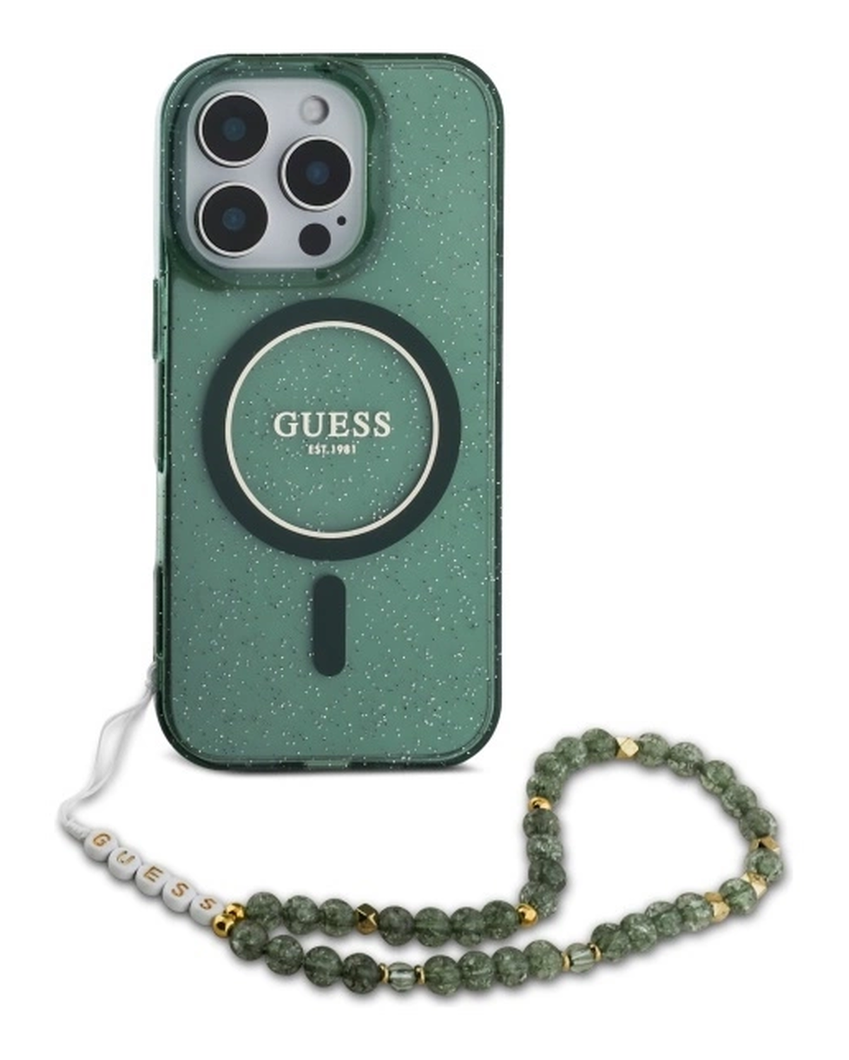 Guess Apple iPhone 16 Pro Max Hoesje MagSafe met Kralen Koord Glitter Groen afbeelding 2