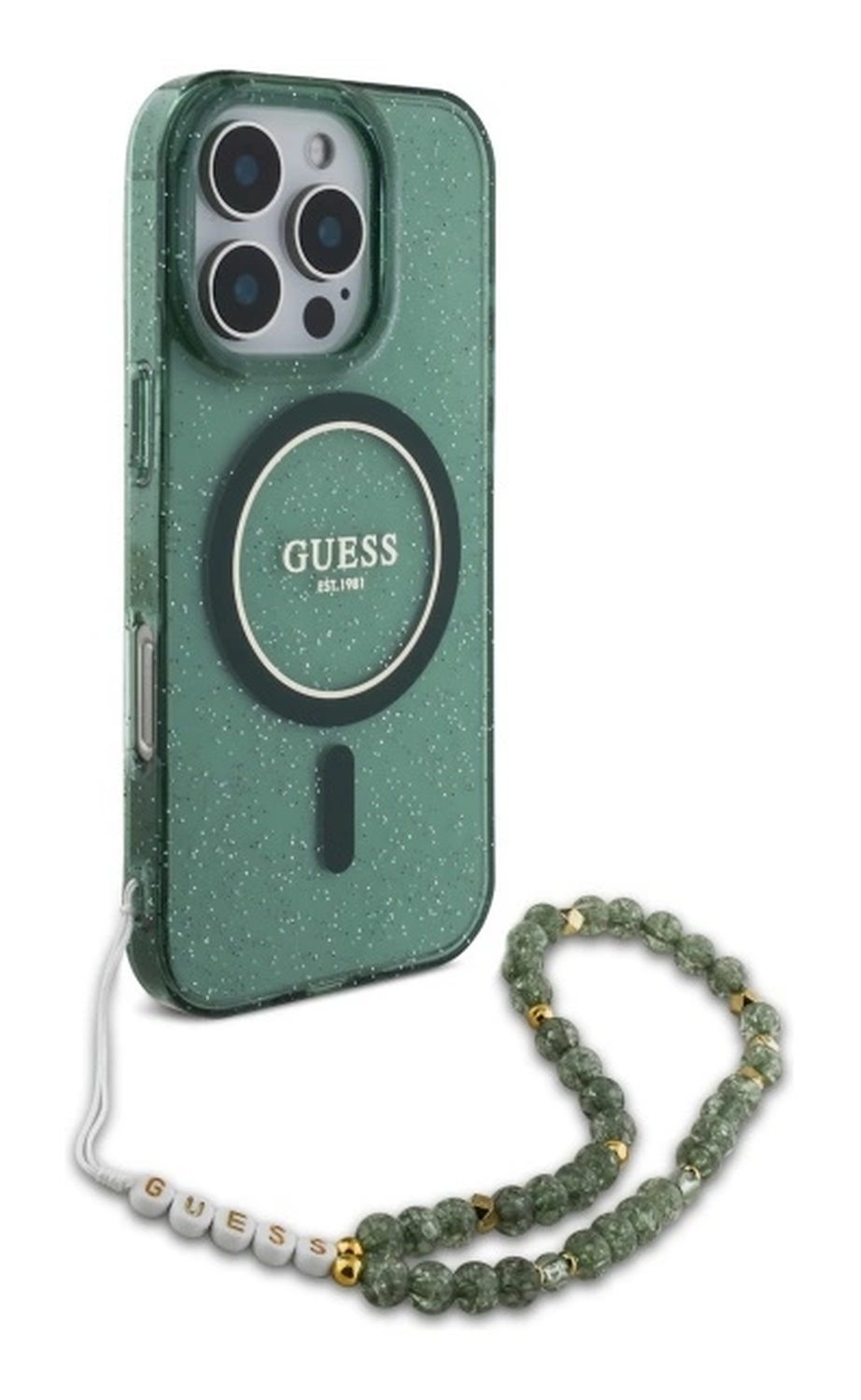 Guess Apple iPhone 16 Pro Max Hoesje MagSafe met Kralen Koord Glitter Groen afbeelding 3