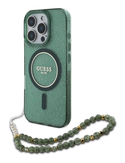 Guess Apple iPhone 16 Pro Max Hoesje MagSafe met Kralen Koord Glitter Groen afbeelding 1