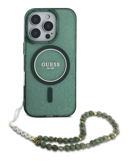 Guess Apple iPhone 16 Pro Max Hoesje MagSafe met Kralen Koord Glitter Groen afbeelding 2