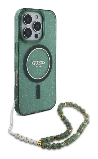 Guess Apple iPhone 16 Pro Max Hoesje MagSafe met Kralen Koord Glitter Groen afbeelding 3