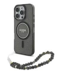 Guess Apple iPhone 16 Pro Max Hoesje MagSafe met Kralen Koord Glitter Zwart afbeelding
