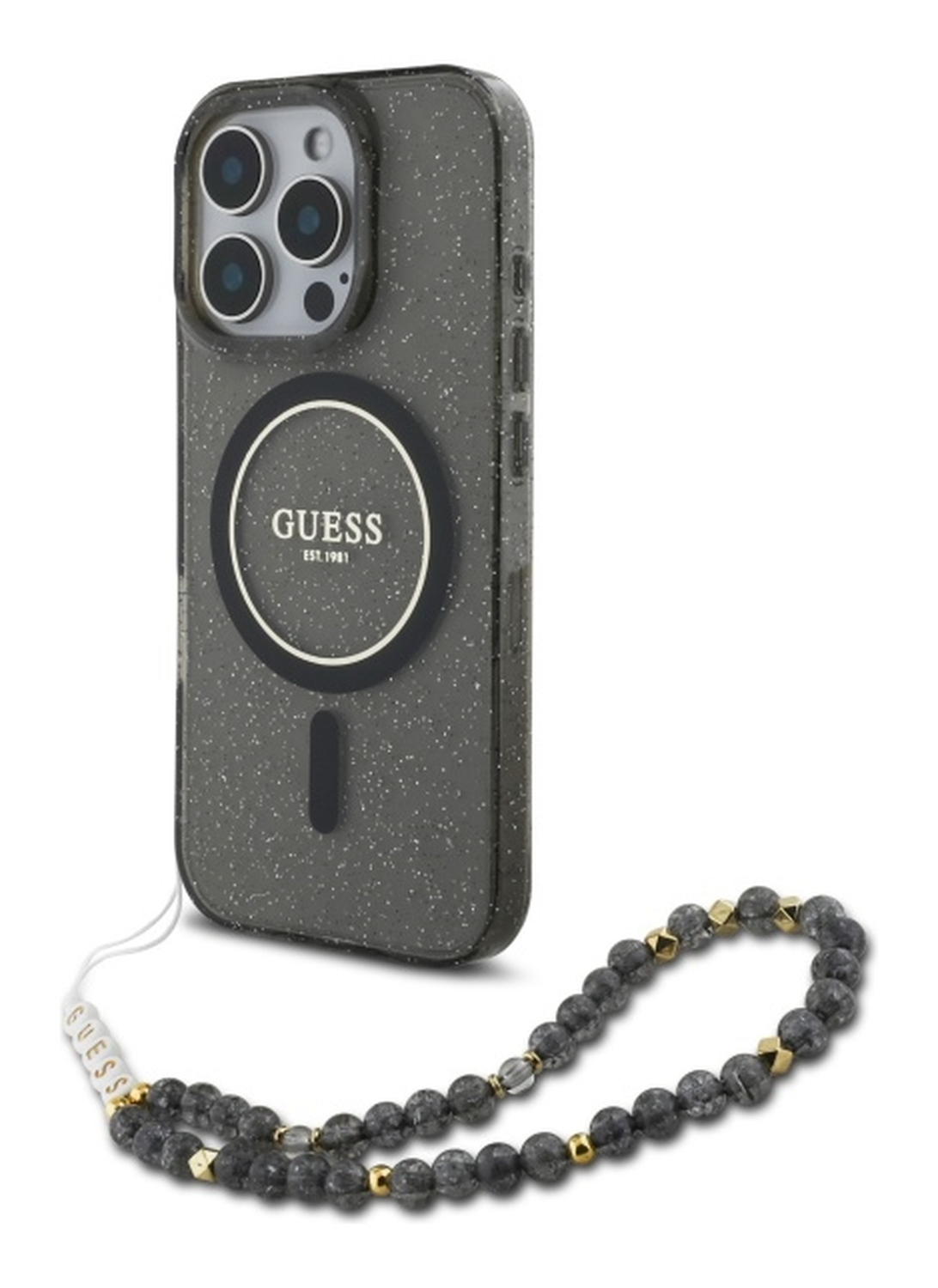 Guess Apple iPhone 16 Pro Max Hoesje MagSafe met Kralen Koord Glitter Zwart afbeelding 1