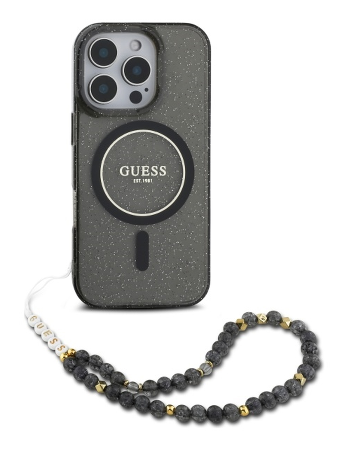 Guess Apple iPhone 16 Pro Max Hoesje MagSafe met Kralen Koord Glitter Zwart afbeelding 2