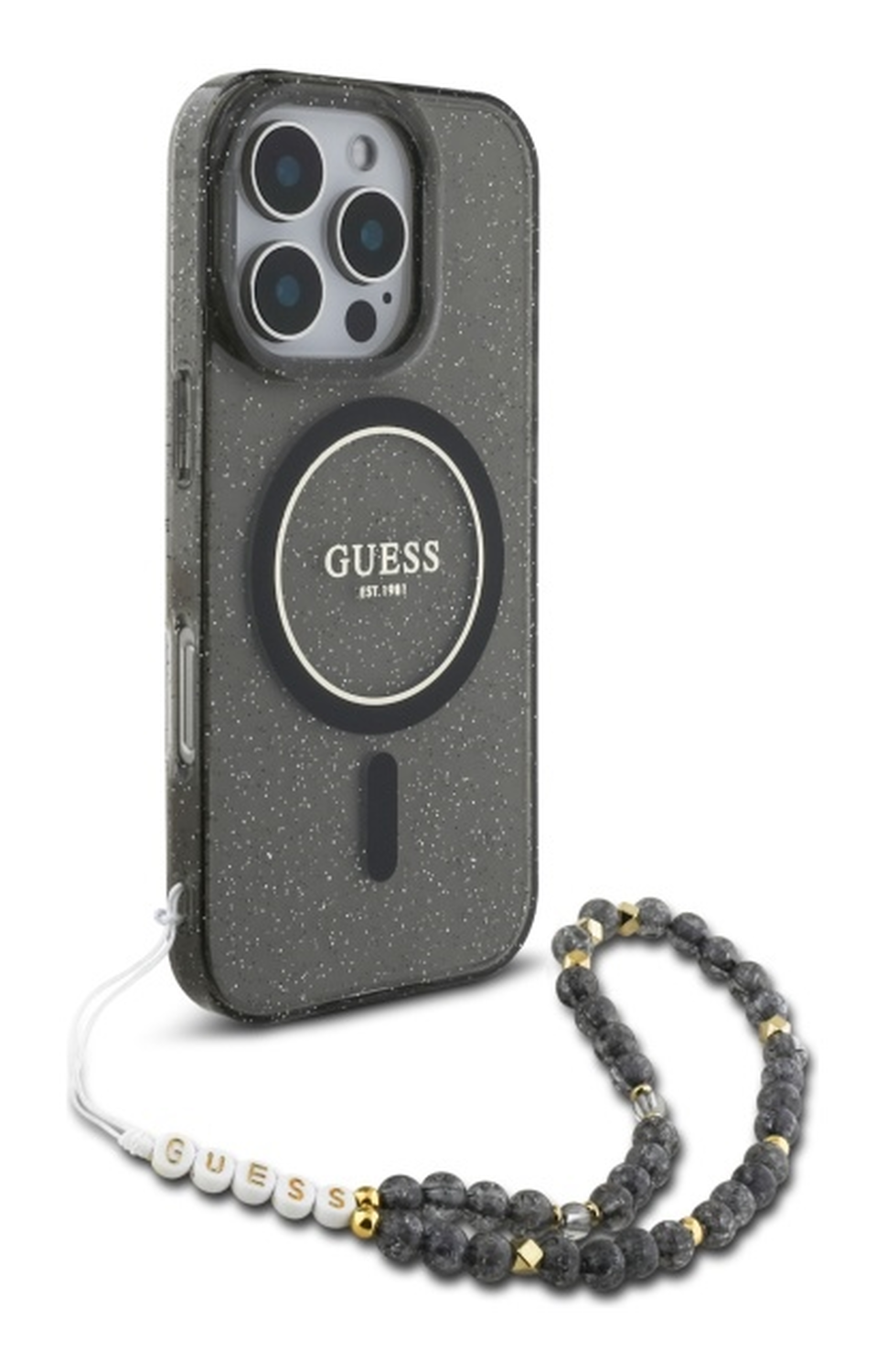 Guess Apple iPhone 16 Pro Max Hoesje MagSafe met Kralen Koord Glitter Zwart afbeelding 3