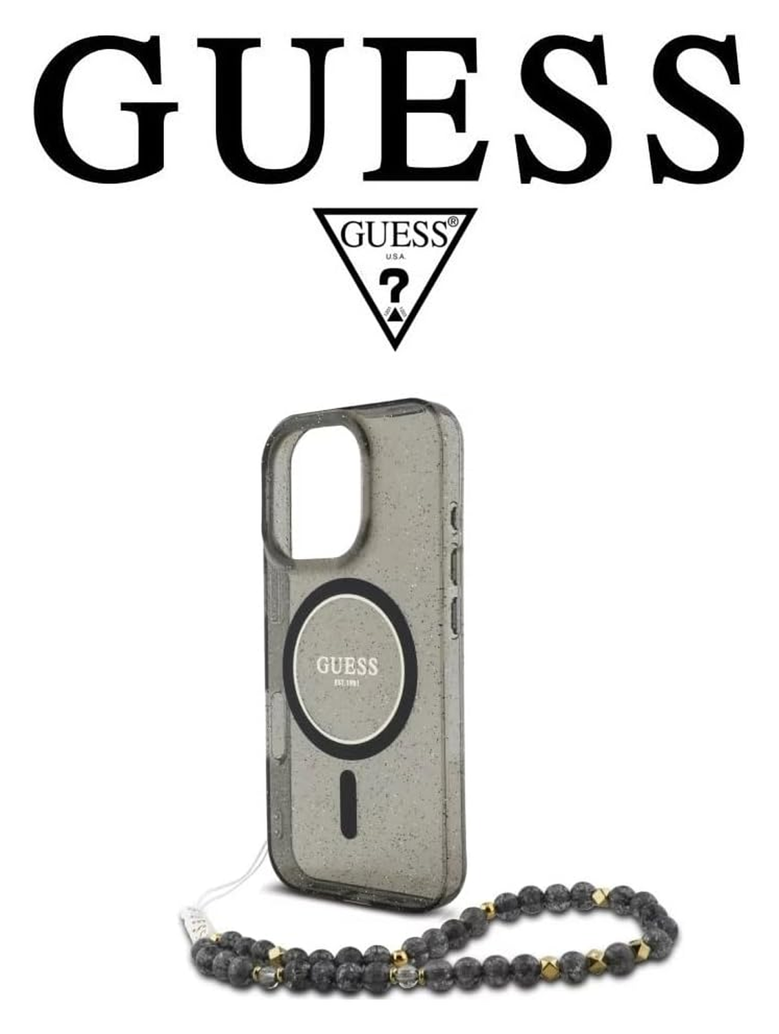 Guess Apple iPhone 16 Pro Max Hoesje MagSafe met Kralen Koord Glitter Zwart afbeelding 5