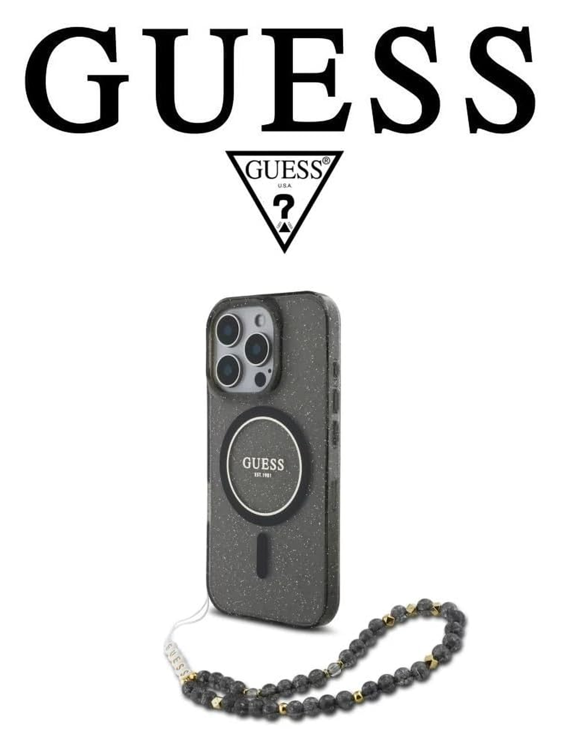 Guess Apple iPhone 16 Pro Max Hoesje MagSafe met Kralen Koord Glitter Zwart afbeelding 6