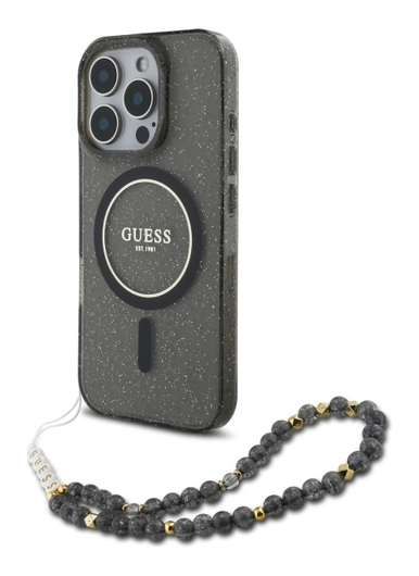 Guess Apple iPhone 16 Pro Max Hoesje MagSafe met Kralen Koord Glitter Zwart afbeelding 1