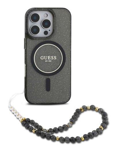 Guess Apple iPhone 16 Pro Max Hoesje MagSafe met Kralen Koord Glitter Zwart afbeelding 2