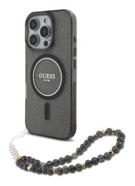 Guess Apple iPhone 16 Pro Max Hoesje MagSafe met Kralen Koord Glitter Zwart