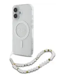 Guess Apple iPhone 16 Hoesje MagSafe Back Cover met Kralen Koord Glitter Clear afbeelding