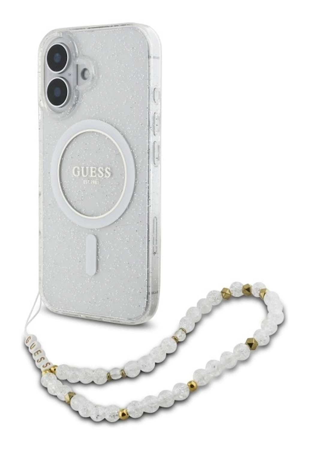 Guess Apple iPhone 16 Hoesje MagSafe Back Cover met Kralen Koord Glitter Clear afbeelding 1