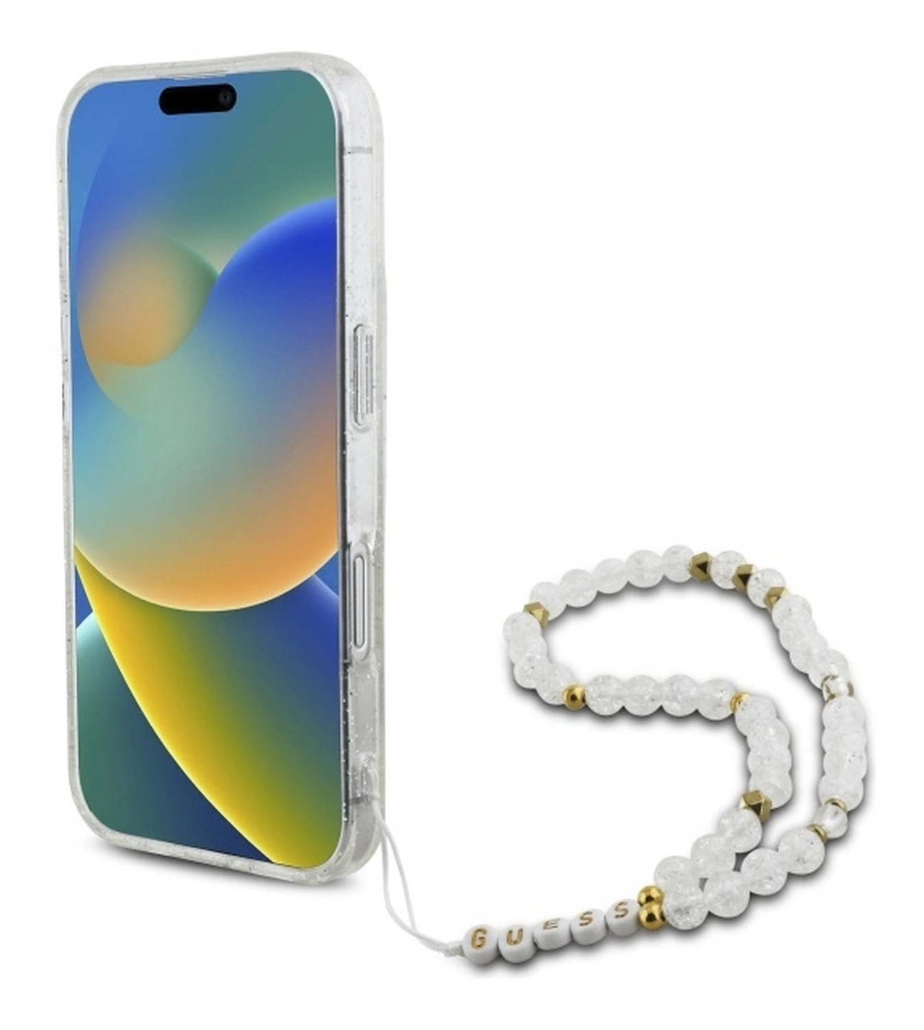Guess Apple iPhone 16 Hoesje MagSafe Back Cover met Kralen Koord Glitter Clear afbeelding 5