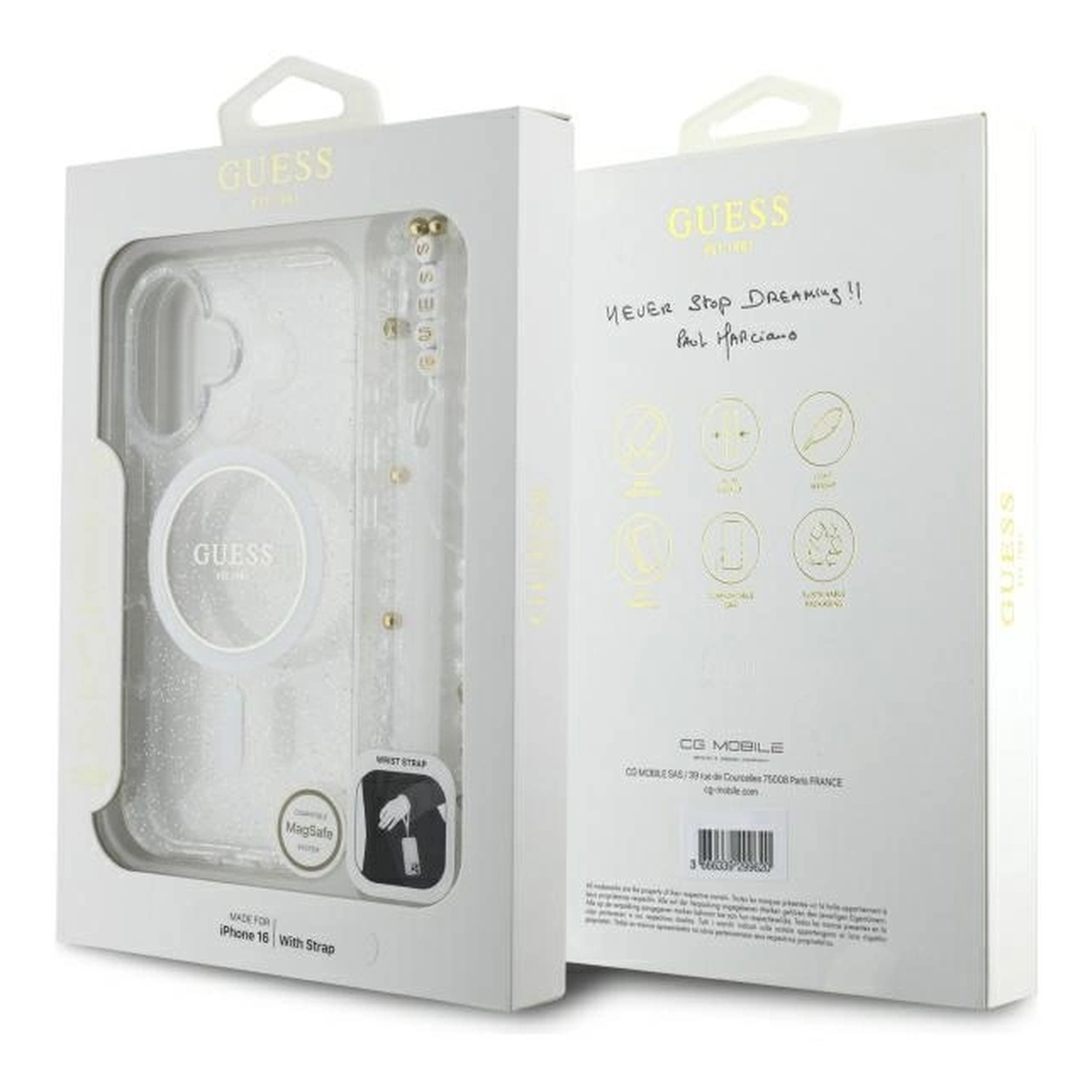 Guess Apple iPhone 16 Hoesje MagSafe Back Cover met Kralen Koord Glitter Clear afbeelding 8