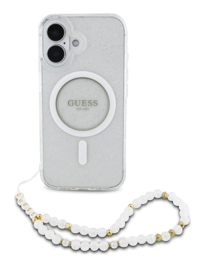 Guess Apple iPhone 16 Hoesje MagSafe Back Cover met Kralen Koord Glitter Clear afbeelding 2