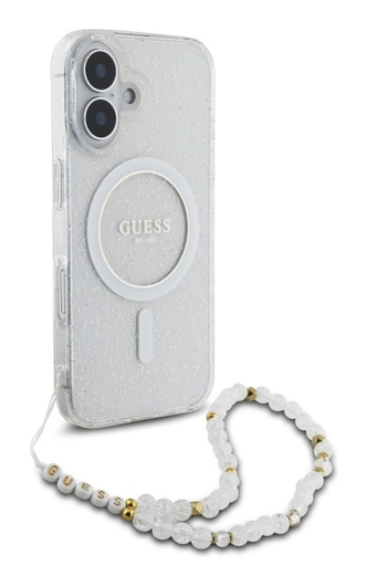 Guess Apple iPhone 16 Hoesje MagSafe Back Cover met Kralen Koord Glitter Clear afbeelding 3