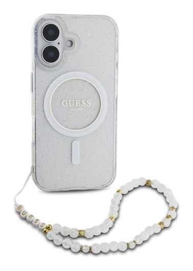 Guess Apple iPhone 16 Hoesje MagSafe Back Cover met Kralen Koord Glitter Clear afbeelding 4