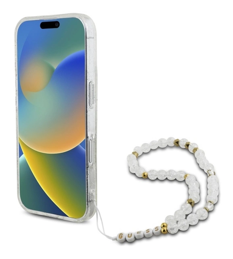 Guess Apple iPhone 16 Hoesje MagSafe Back Cover met Kralen Koord Glitter Clear afbeelding 5