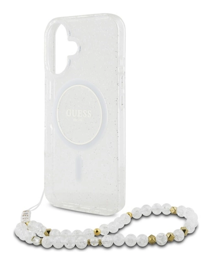 Guess Apple iPhone 16 Hoesje MagSafe Back Cover met Kralen Koord Glitter Clear afbeelding 6