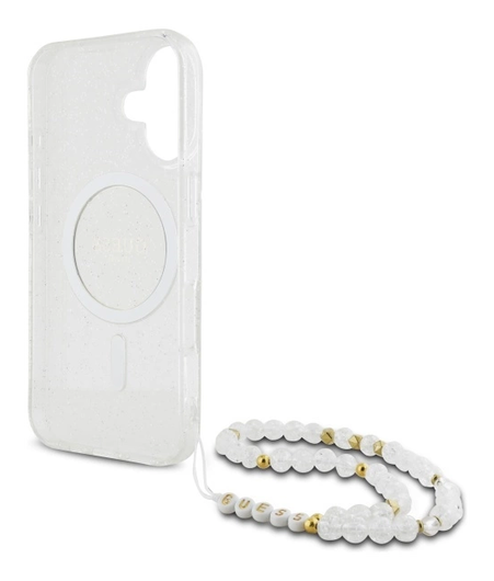 Guess Apple iPhone 16 Hoesje MagSafe Back Cover met Kralen Koord Glitter Clear afbeelding 7