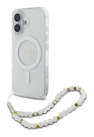 Guess Apple iPhone 16 Hoesje MagSafe Back Cover met Kralen Koord Glitter Clear