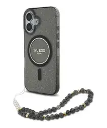 Guess Apple iPhone 16 Hoesje MagSafe Back Cover met Kralen Koord Glitter Zwart afbeelding
