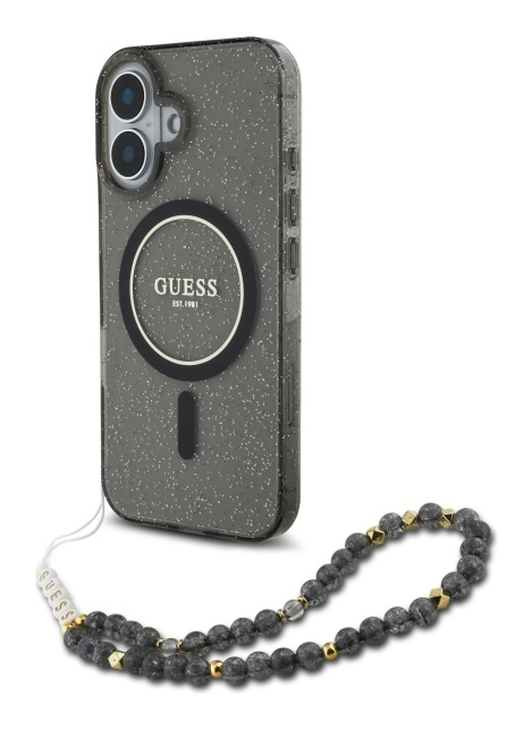 Guess Apple iPhone 16 Hoesje MagSafe Back Cover met Kralen Koord Glitter Zwart afbeelding 1