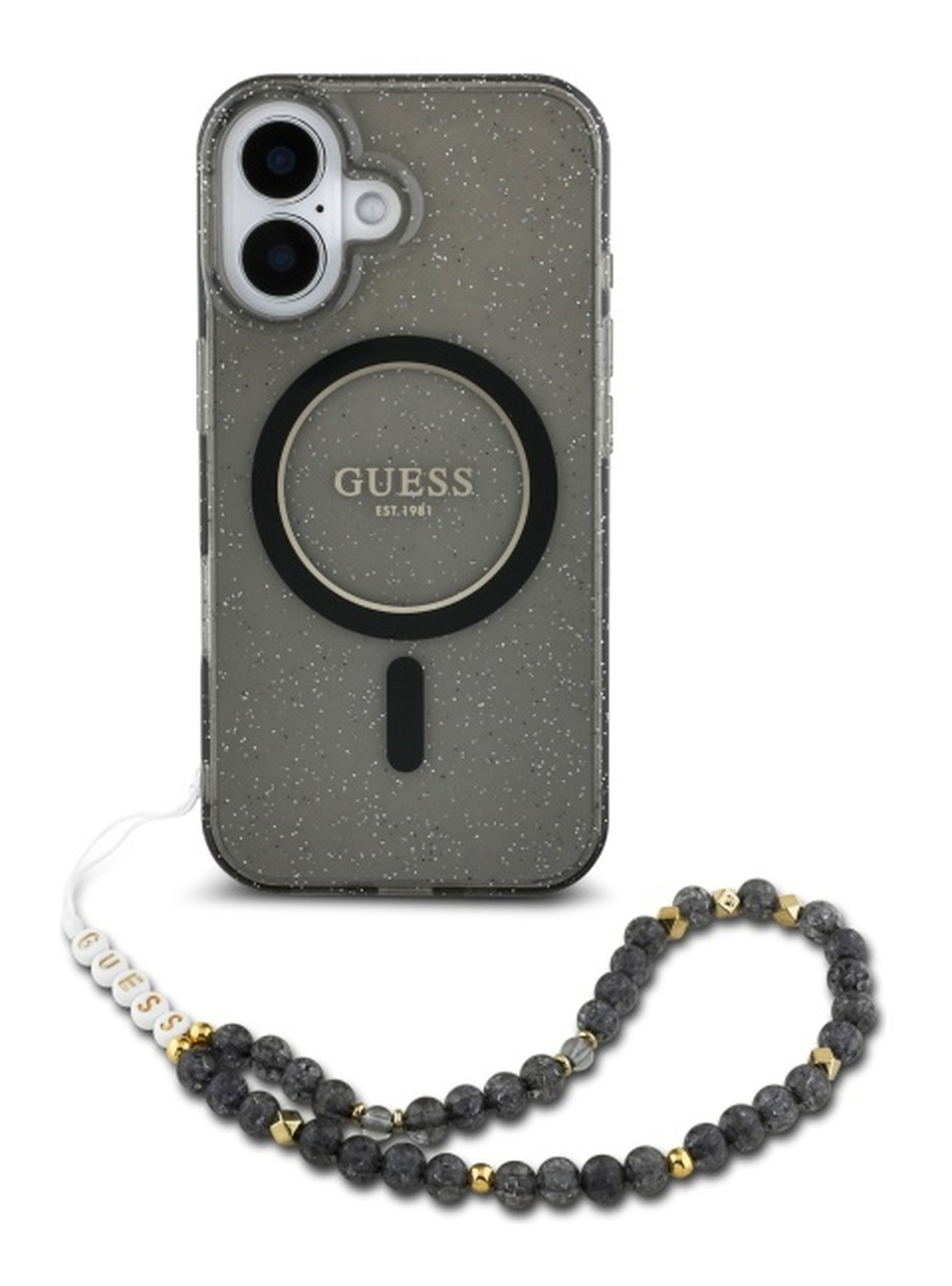 Guess Apple iPhone 16 Hoesje MagSafe Back Cover met Kralen Koord Glitter Zwart afbeelding 2
