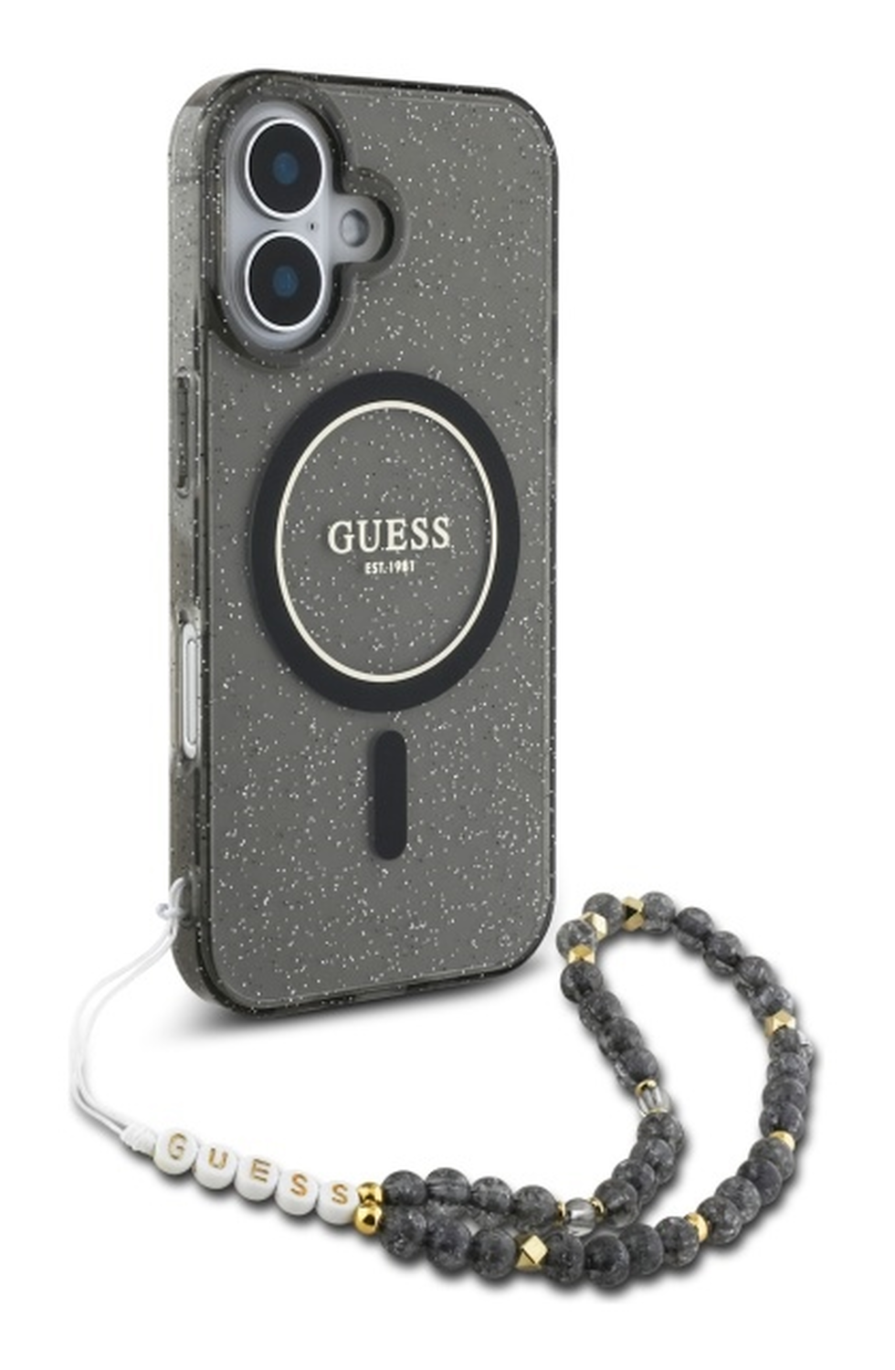 Guess Apple iPhone 16 Hoesje MagSafe Back Cover met Kralen Koord Glitter Zwart afbeelding 3