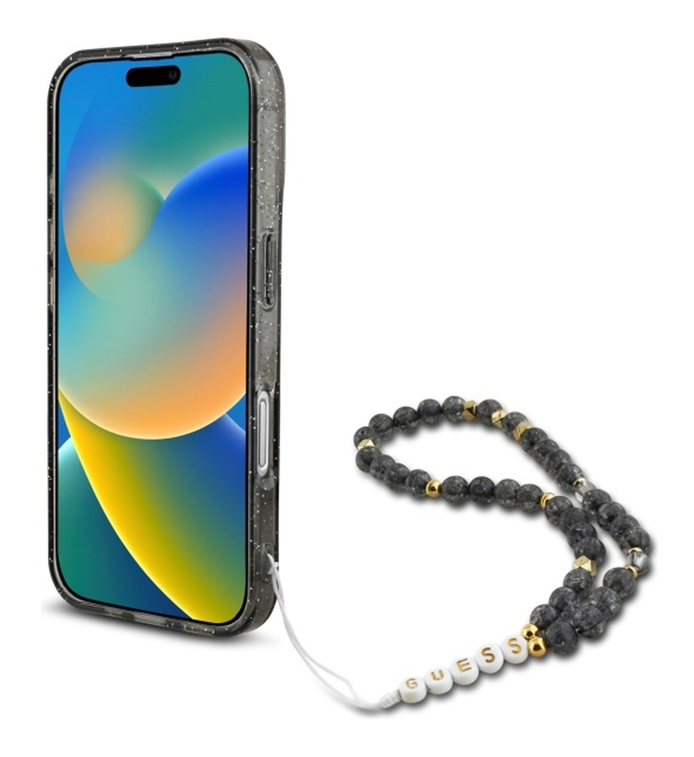 Guess Apple iPhone 16 Hoesje MagSafe Back Cover met Kralen Koord Glitter Zwart afbeelding 4