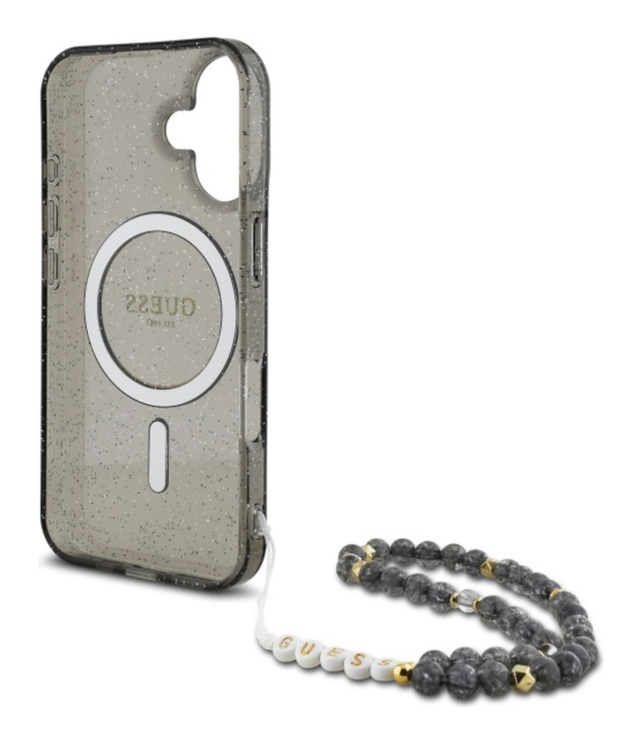 Guess Apple iPhone 16 Hoesje MagSafe Back Cover met Kralen Koord Glitter Zwart afbeelding 6
