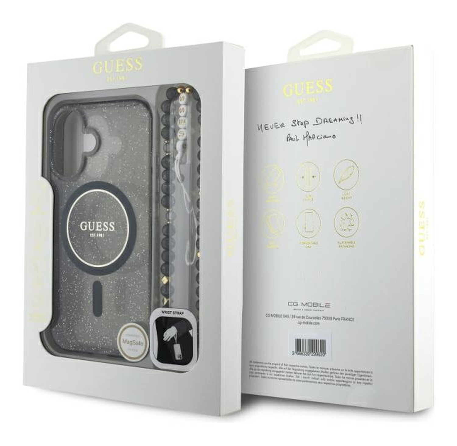 Guess Apple iPhone 16 Hoesje MagSafe Back Cover met Kralen Koord Glitter Zwart afbeelding 7