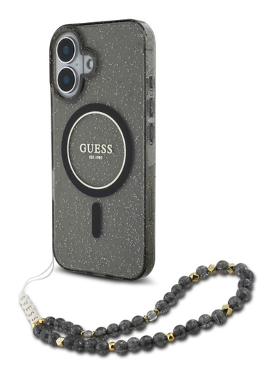 Guess Apple iPhone 16 Hoesje MagSafe Back Cover met Kralen Koord Glitter Zwart afbeelding 1