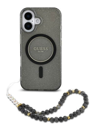 Guess Apple iPhone 16 Hoesje MagSafe Back Cover met Kralen Koord Glitter Zwart afbeelding 2