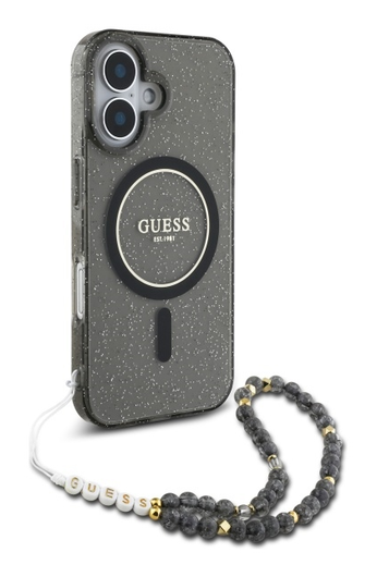 Guess Apple iPhone 16 Hoesje MagSafe Back Cover met Kralen Koord Glitter Zwart afbeelding 3