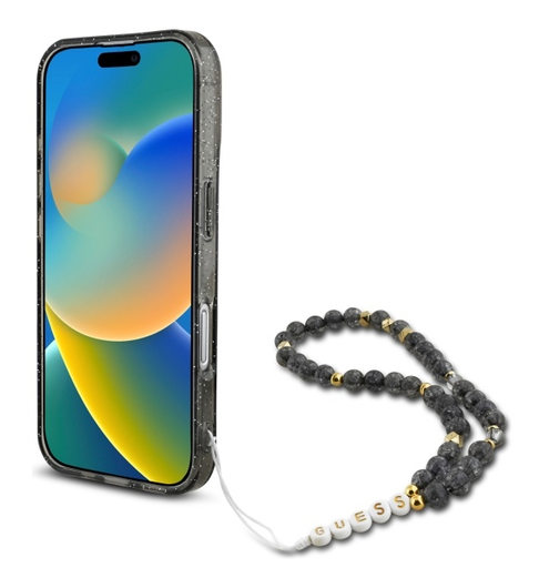 Guess Apple iPhone 16 Hoesje MagSafe Back Cover met Kralen Koord Glitter Zwart afbeelding 4