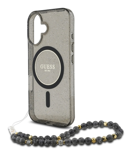 Guess Apple iPhone 16 Hoesje MagSafe Back Cover met Kralen Koord Glitter Zwart afbeelding 5