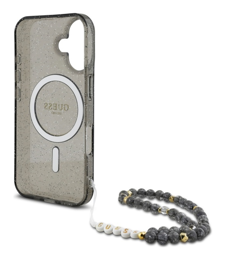 Guess Apple iPhone 16 Hoesje MagSafe Back Cover met Kralen Koord Glitter Zwart afbeelding 6
